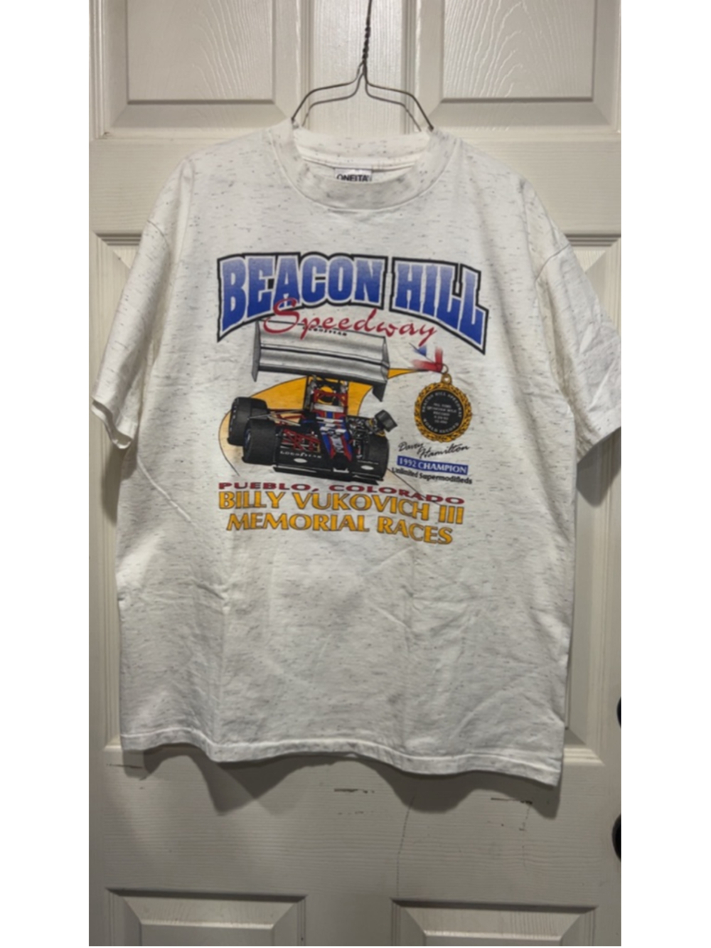 Men's VTG ONEITA White Beacon Hill Speedway Graphic Tee L